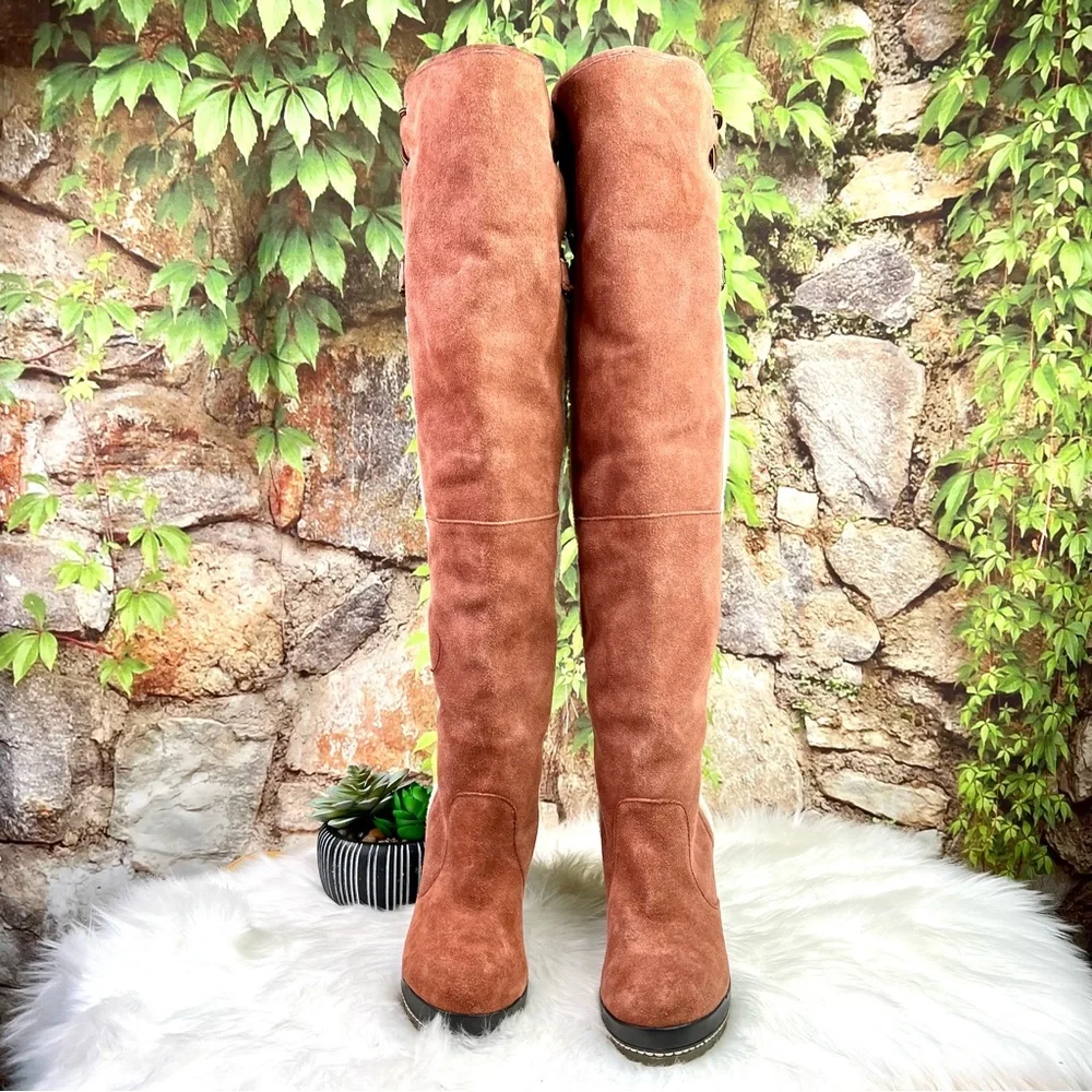 KELSI DAGGER Coquette Girl Rozelle Faux Shearling Lined OTK BrownSuede Boots, 8.